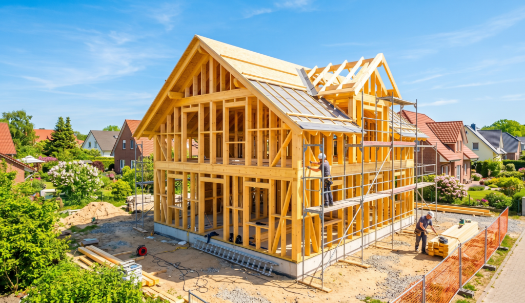 Rohbau in Holzständerbauweise kurz nach dem Richten