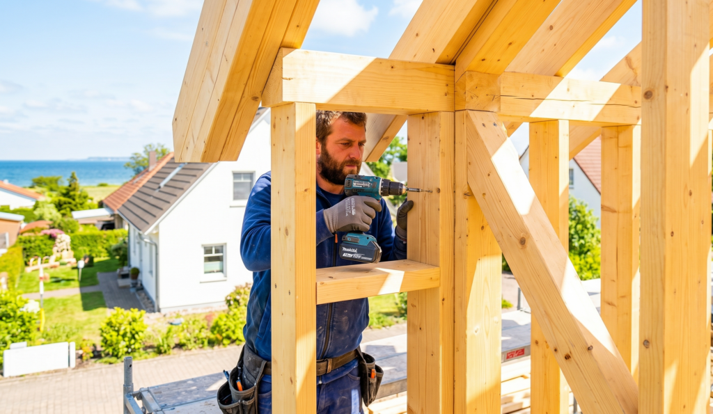 Detailaufnahme der Wandelemente in Holzständerbauweise mit Steico Dämmung