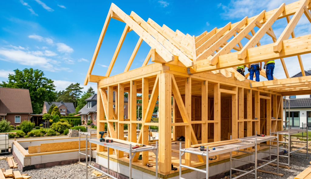 Handwerkliche Präzision bei der Montage von Holzrahmen-Elementen